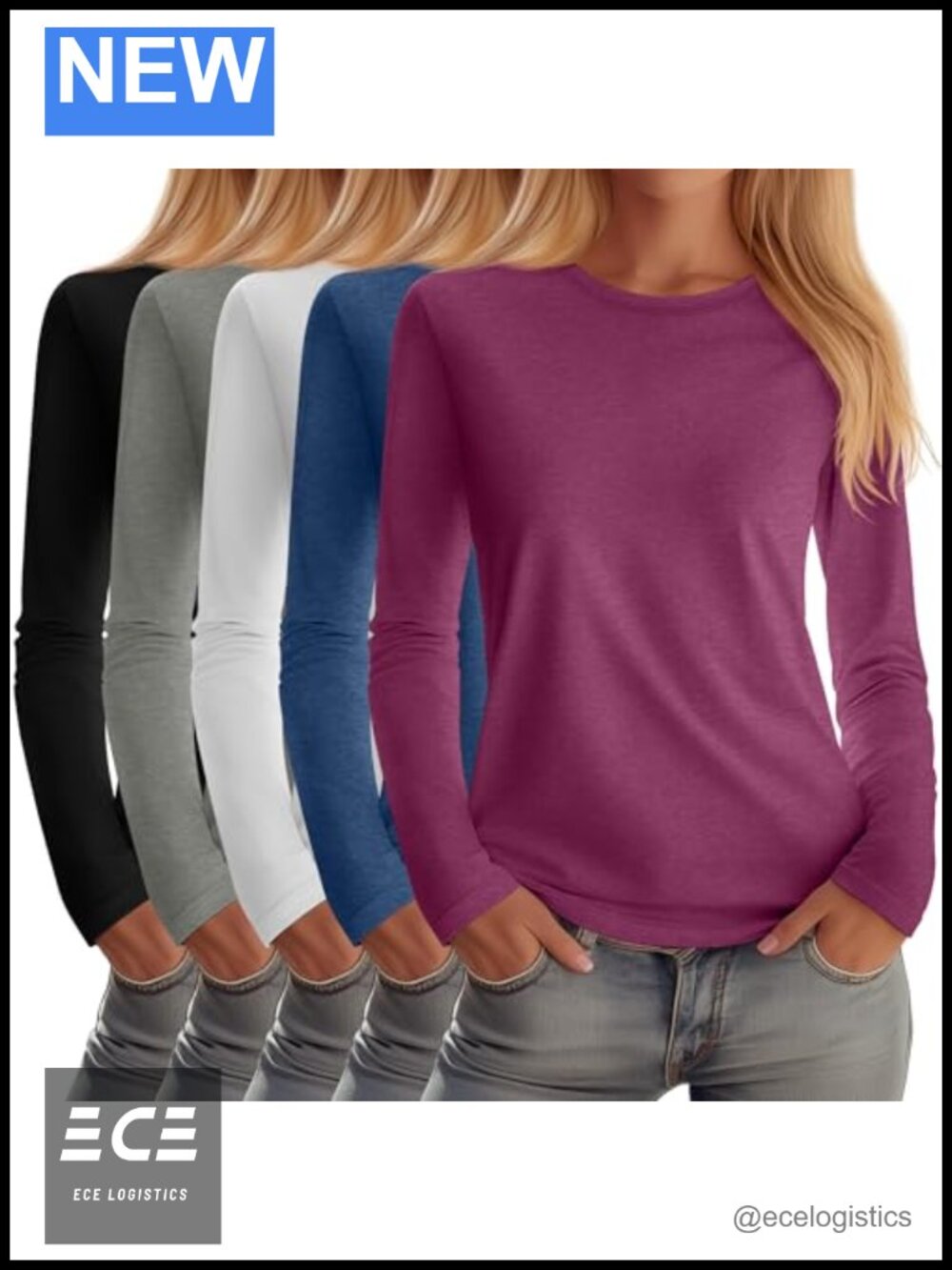5 Pack Women's Long Sleeve Crew Neck Cotton Blend T-Shirts